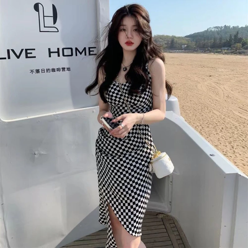 

Summer 2022 Woman Pleated Strap Clothes Dress Female Backless Casual Strap Plaid Dresses Ladies Loose Sleeveless Vestidos A25