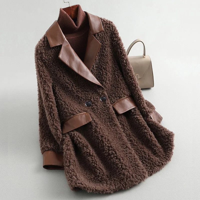 2022 Sheep Shearling Lamb Fur Coat Women's Coat Grain Velvet Mid-length Jacket