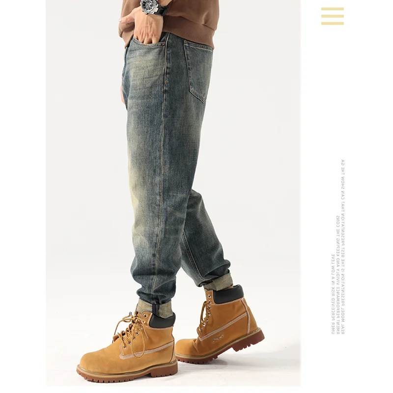 Streetwear Men New Pattern Recreational Vintage Nostalgia Blue Jeans Straight Cylinder Loose Versatile Haren Pants Autumn Female