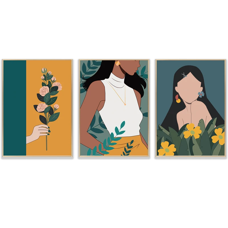 

Abstract Green Plants Rose Girl Wall Art Posters Bohemia Woman Canvas Paintings Print Pictures for Living Room Bedroom Decor