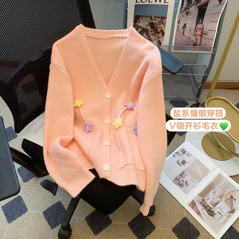 

Autumn and Winter Cardigan Women Three-dimensional Flower Sweater Female Temperament V-neck Knitted Cardigans 2023