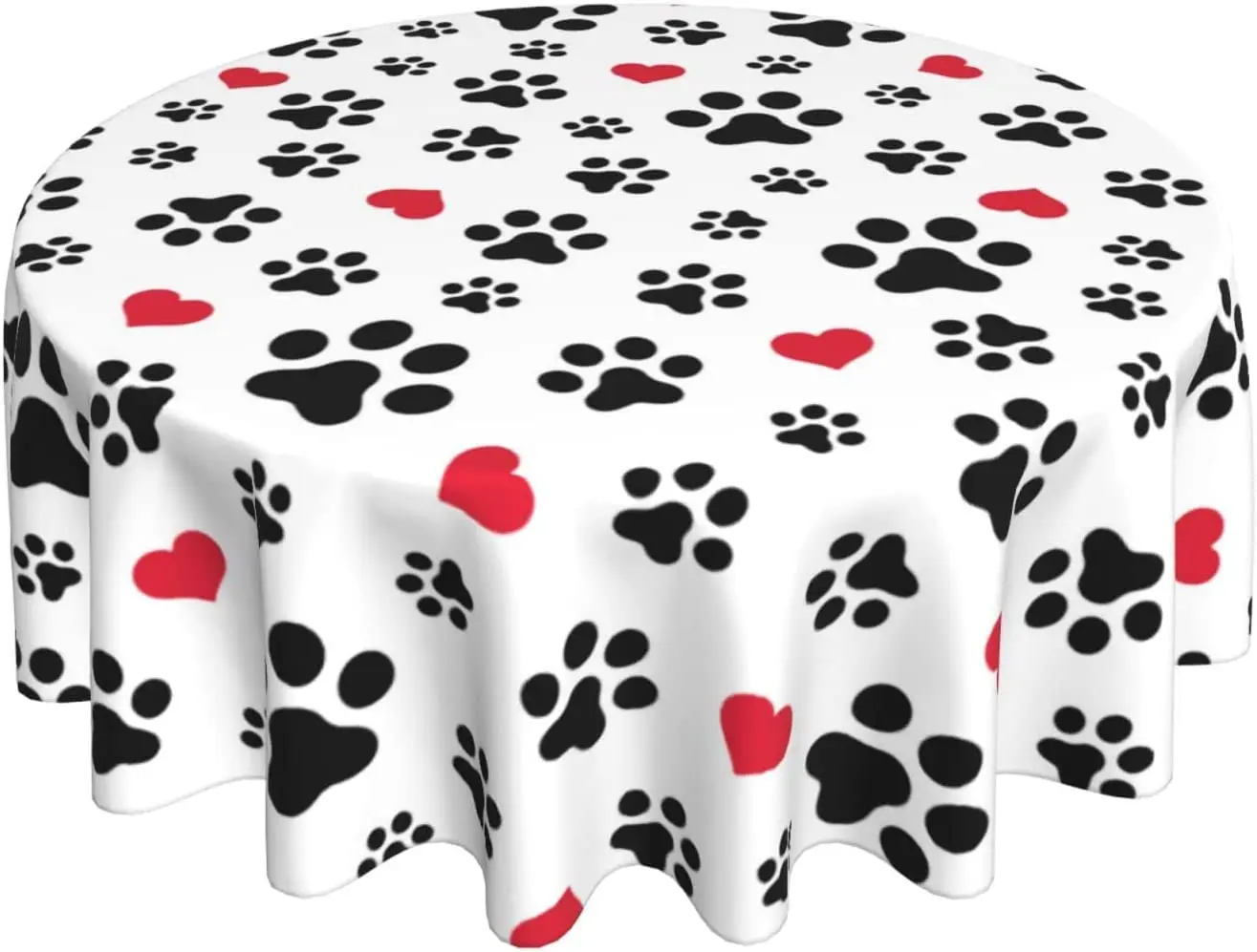 

Dog Paw Print Animal Black Round Tablecloth Washable Red Love Heart Table Cloth Cover Indoor Outdoor for Dining for Home