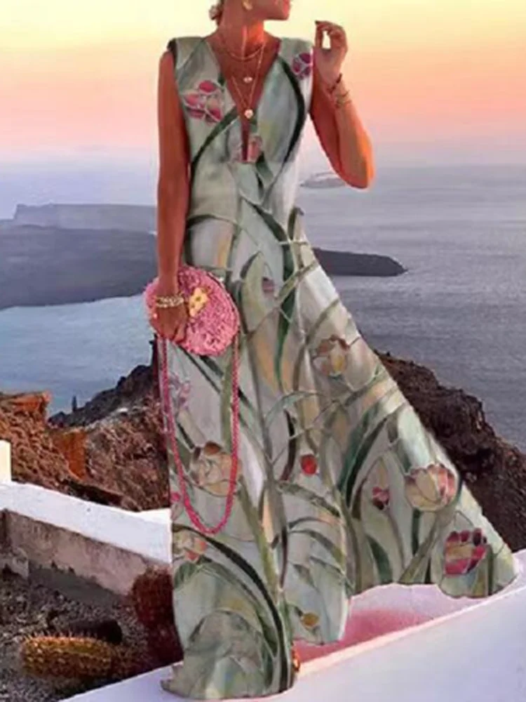 

Casual Women Fashion Printing Elegant V Neck Beach Party Dress 2022 Sleeveless Loose A Line Maxi Ladies Dress Chic Summer Dress