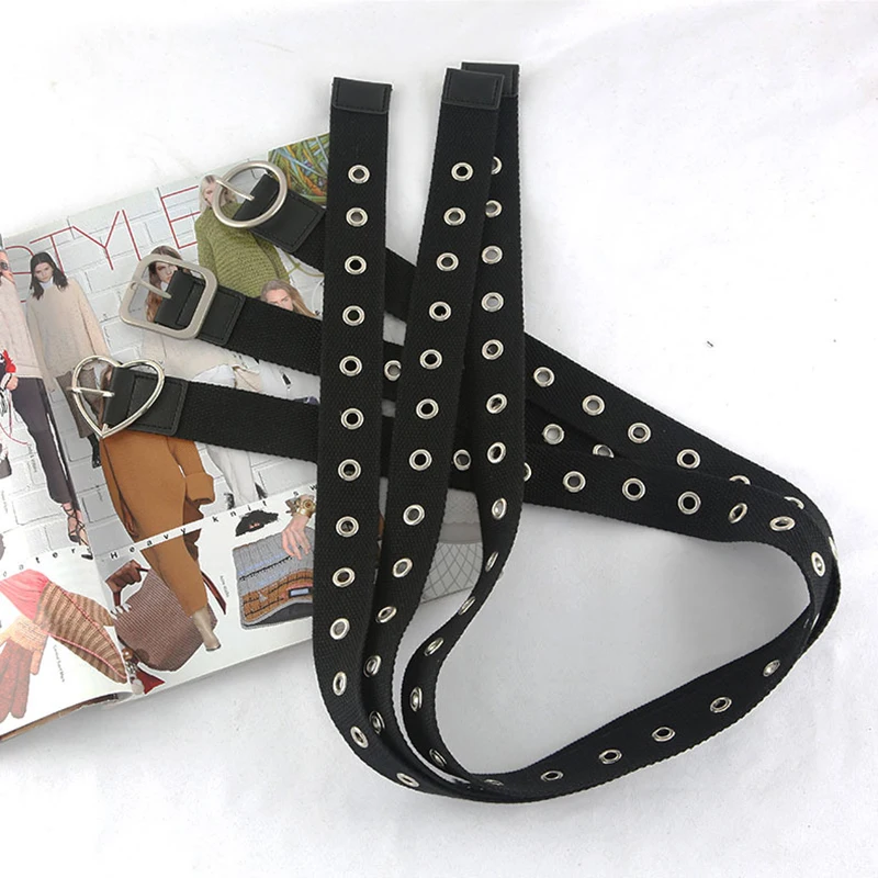 

Women's Belt Love Heart Square Black Canvas Belt Grommet Hole Buckle Waistband For Women Jeans Waist Belt Round Alloy Buckle