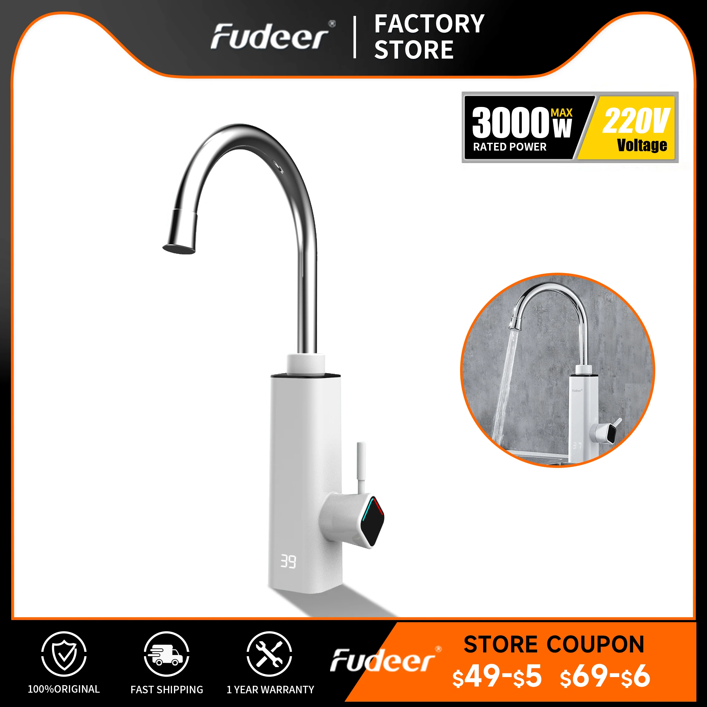 

Электрический водонагреватель Fudeer, кухонный смеситель без резервуара, нагреватели для кухни, кран горячей воды 3000 Вт, нагрев 3S, быстрый нагрев