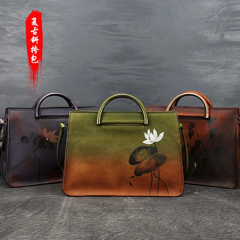 

Top layer cowhide leather women's bag national style hand-painted lotus hand color personalized handbag women's Single Shoulder