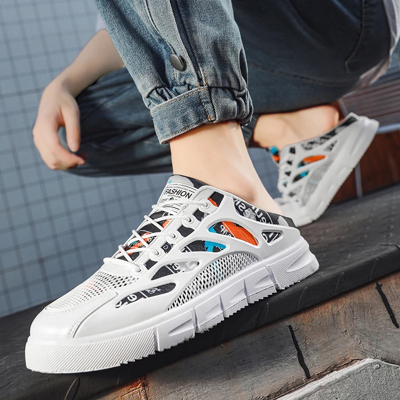 

Fujeak Trendy Heelless Slippers Lightweight Men's Mesh Shoes Breathable Casual Slippers Non-slip Outdoor Half Slippers Plus Size