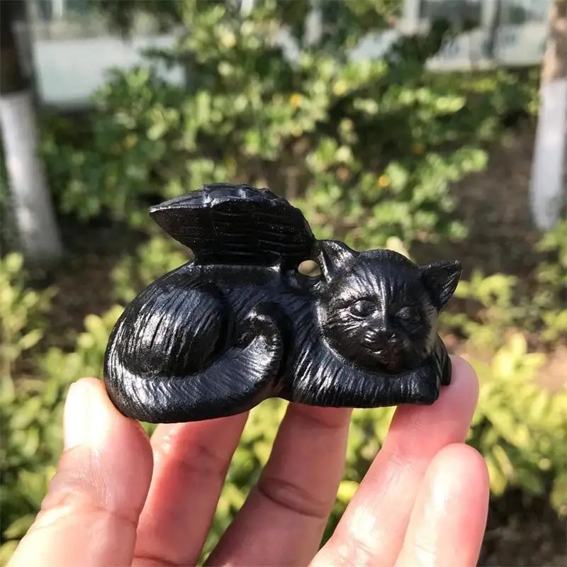 

Natural Black Obsidian Wings Sleeping Cat Carving Handmade Carved Cute Animal Powerful Statue For Home Decoration 1PCS