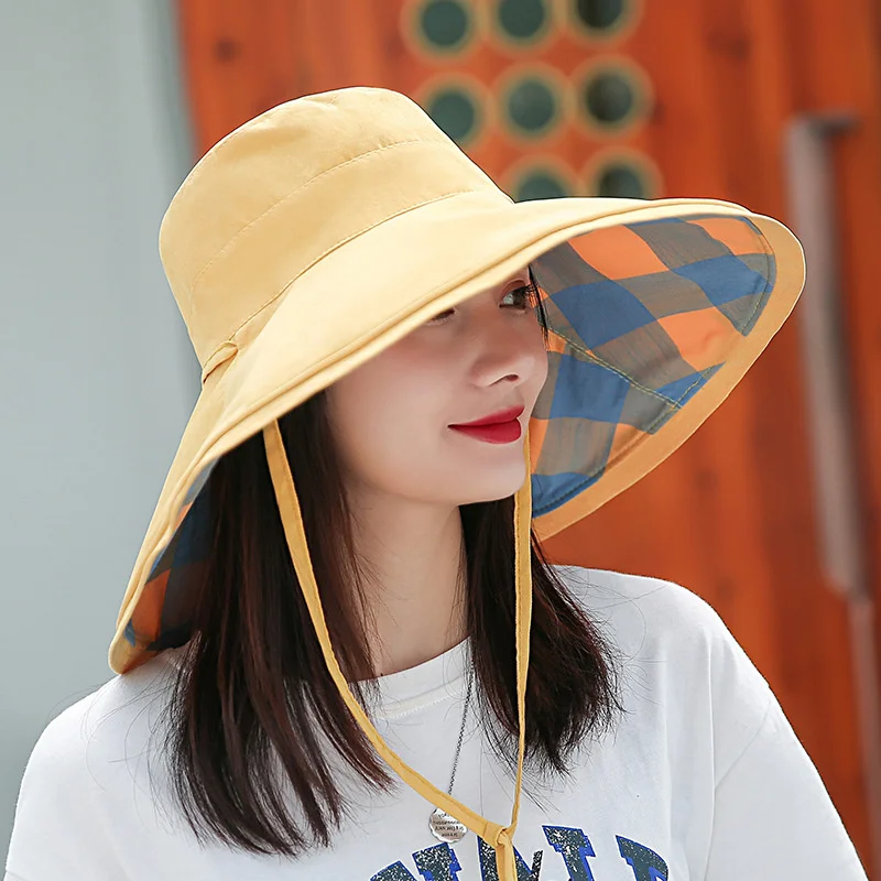 

Women's Sun Hat - Summer Spring Floppy Beach Travel Fisherman Cap Ladies UV Protection Plaid Reversible Wide Brim Panama Hat