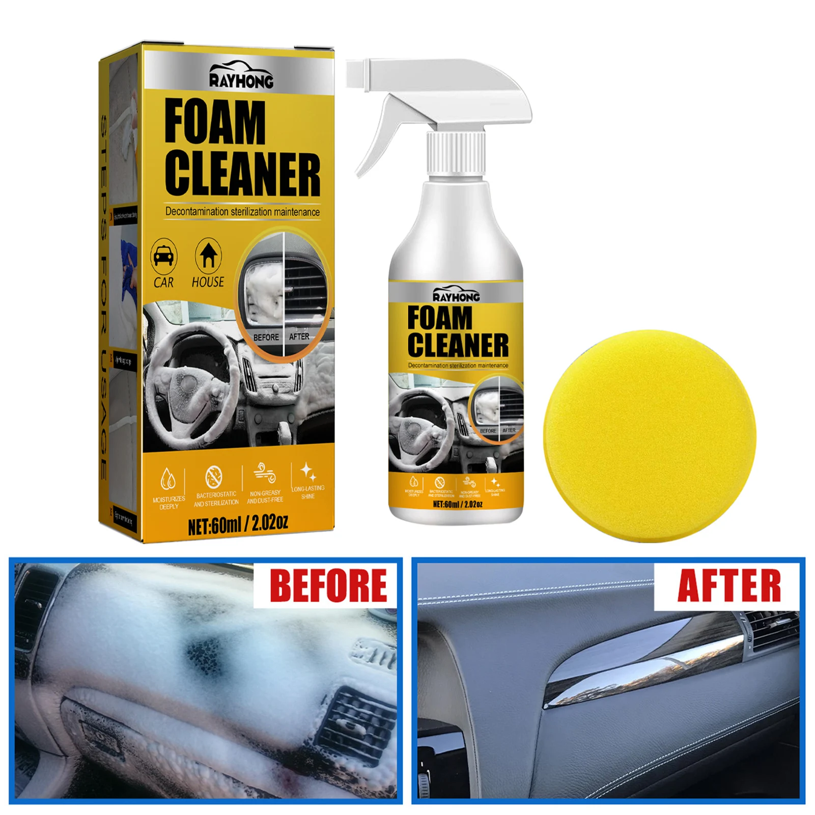 

60ml Car Foam Cleaner Spray Auto Ceiling Leather Seat Cleaner Stain Removal Spray With Sponge Car Interior Accessories