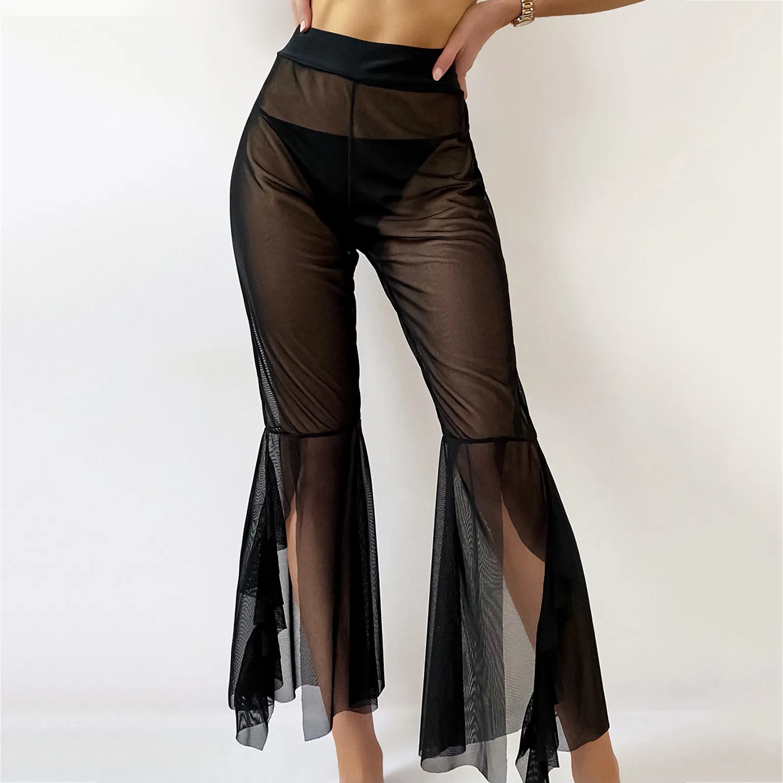 

Sexy Women See-through Pants Bikini Cover Up Mesh Ruffle Bottoms Plus Size Loose Long Trousers Beachwear Swimwear Swimsuit