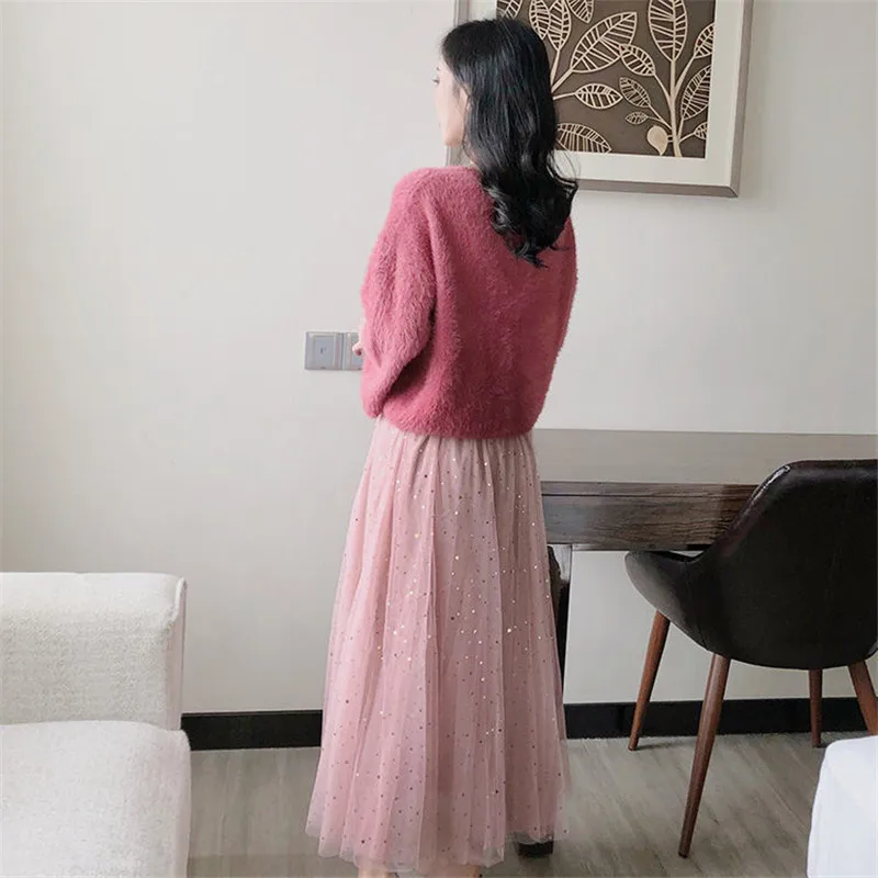 Женская Тюлевая юбка с блестками и высокой талией розовая бежевая