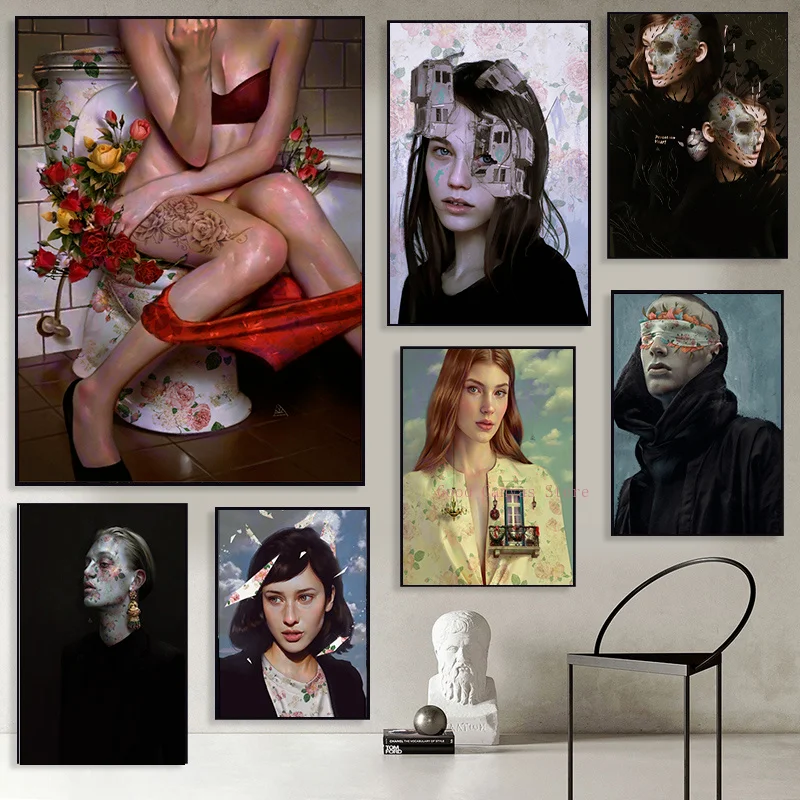 Картина на холсте «Цветы и женщины в туалете», плакат с принтом, креативная абстрактная художественная фигурка, уникальные декоративные картины для дома