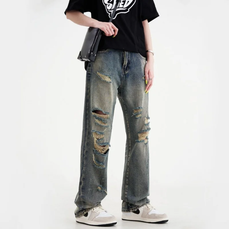 High Street Washed Distressed Ripped Jeans Men's and Women's American Straight Casual Loose Trousers Tide