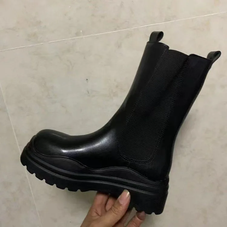 Thick Sole Wedge Heel Chelsea Boots Net Red Chimney Boots Stretch Cloth Black Platform Boots Large Size Fashion Winter Boots