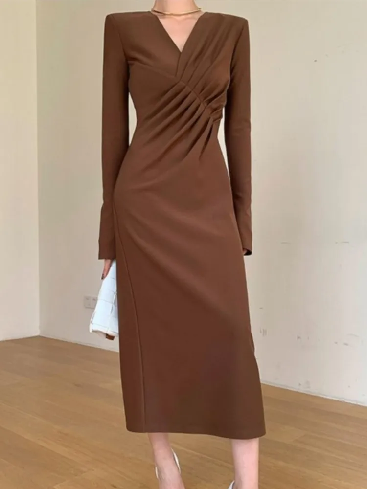 

Autumn Elegant Flare Sleeve Midi Dresses for Women Slim Waist New French Style Evening Party Clothes Lady Solid Fashion Outfits