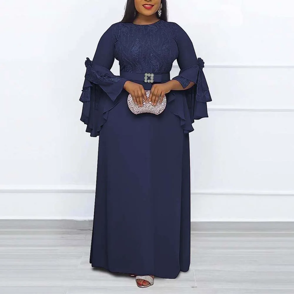 

African Women Long Dress Elegant Lace Patchwork Wedding Guest Classy Fashion Summer Belted Casual Female Chiffon Maxi Dresses