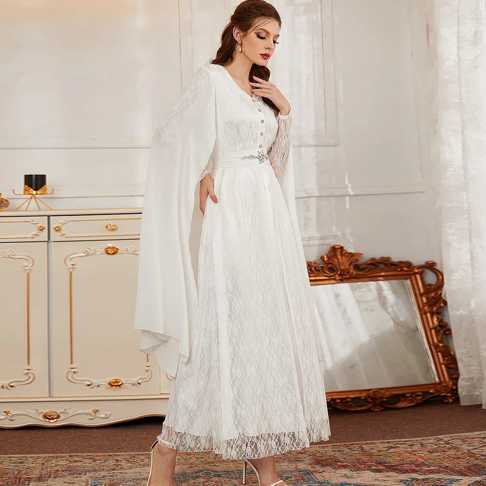 White Lace Cape Dress Women Muslim Abaya Dubai Kaftan Islamic Clothing  Evening Party Gown Caftan Marocain Djellaba Eid Ramadan