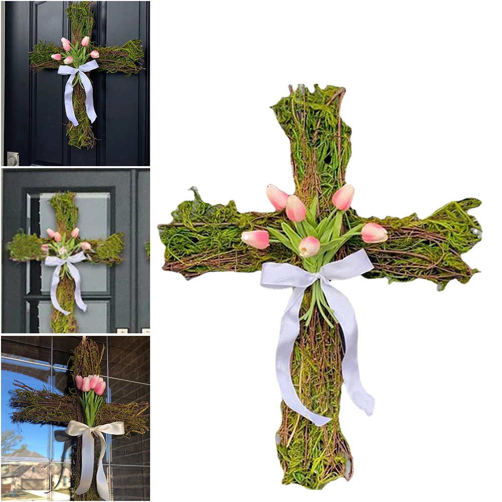 

Easter Cross Front Door Decor Simulation Rattan & Tulip Flowers Seasonal Ornament Prop Creative Art Spiritual Wreath Hanging