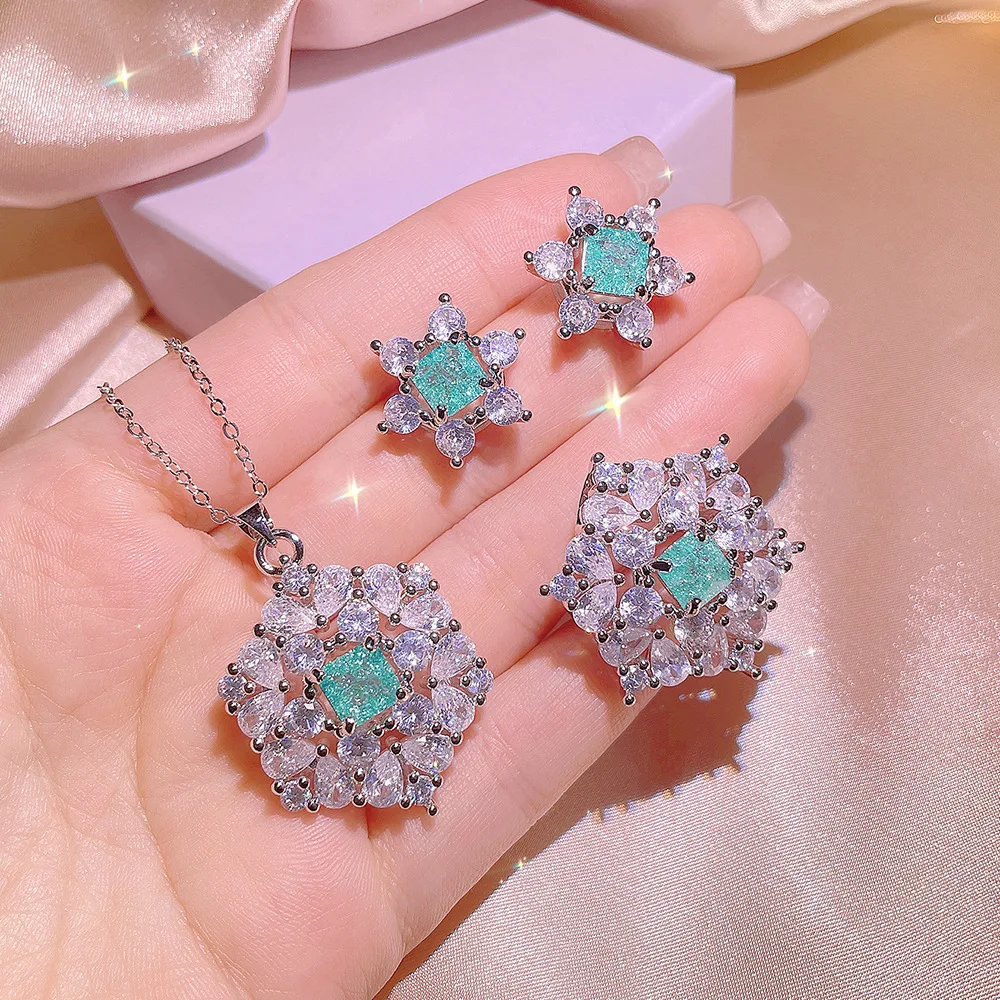 

Модные популярные цветные серьги-гвоздики Paraiba с изображением сокровищ, комплект с кулоном, 925 штампов, Женские Снежинки, ювелирные изделия ...