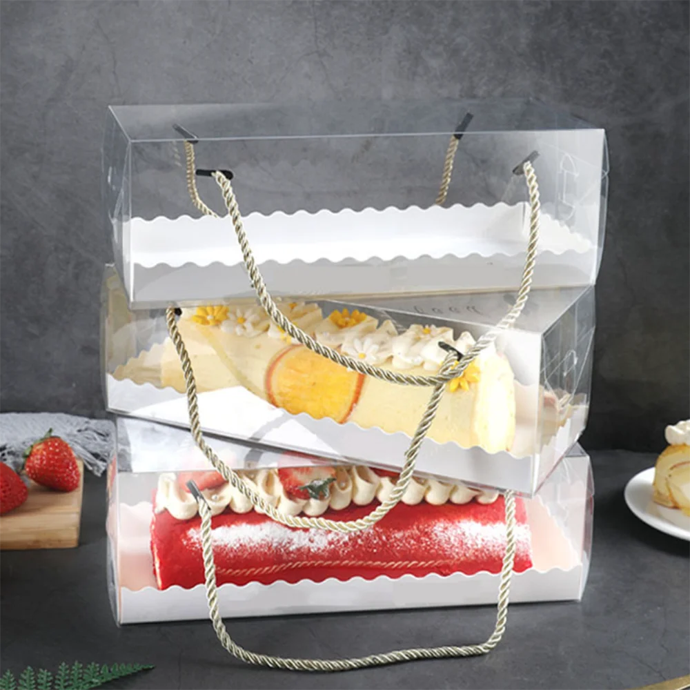 

10Pcs Transparent Cake Box With Handle Cupcake Swiss Clear Plastic Portable PET Packing Gift Box Roll Long Cake Party Favor Box