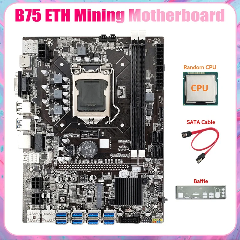 B75 8USB ETH Mining Motherboard 8XUSB+CPU+Baffle+SATA Cable LGA1155 DDR3 MSATA B75 USB BTC Miner Motherboard