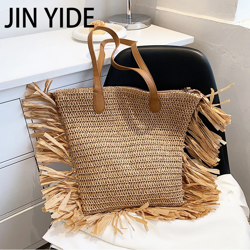 

JIN YIDE Straw Tote Beach Bags Women Fashion Solid Color Shoulder Bags with Zipper Summer Ladies Casual Tassel Woven Handbags