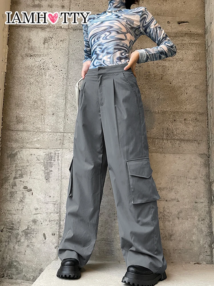

Повседневные Костюмные брюки IAMHOTTY с широкими штанинами, на пуговицах, с высокой талией, мешковатые спортивные брюки, винтажные брюки-карго, ...