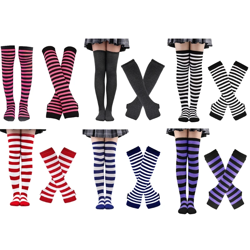

Christmas Fingerless Gloves Striped Knee High Socks Set Halloween Costume