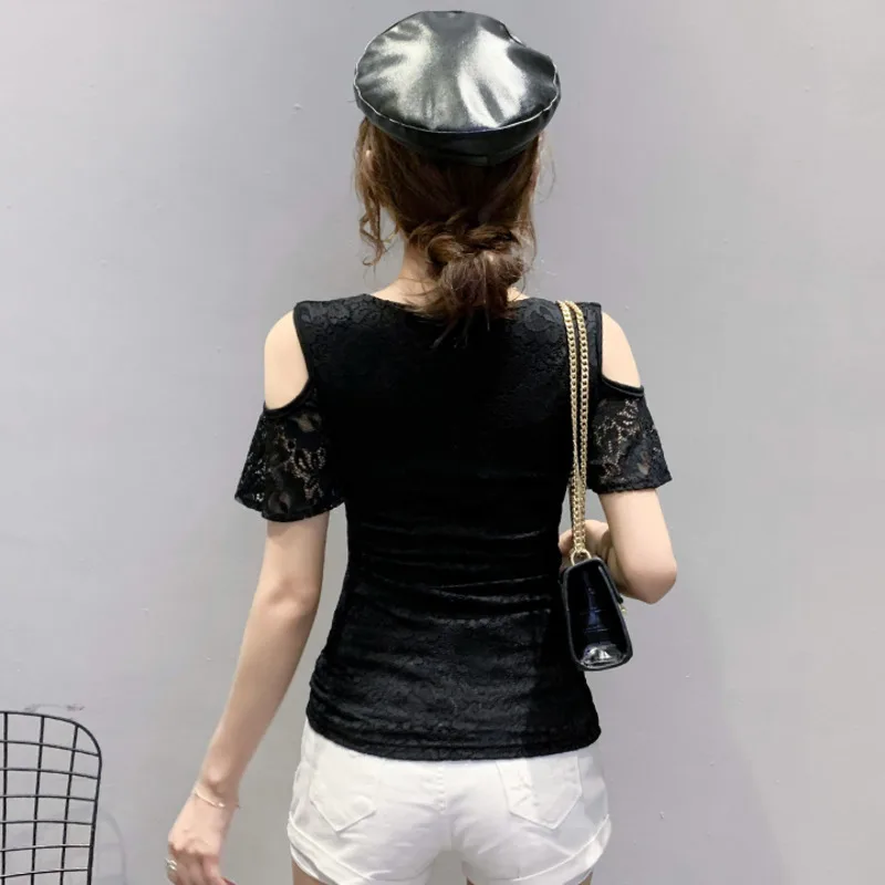 #5204 черно-белая короткая Кружевная футболка с коротким рукавом и V-образным