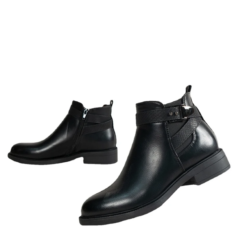 Black Ankle Boots 2022 Thick Heels Leather Women Winter Boots Fashion Casual Chelsea Boots Female Plus Size Women Platform Boots