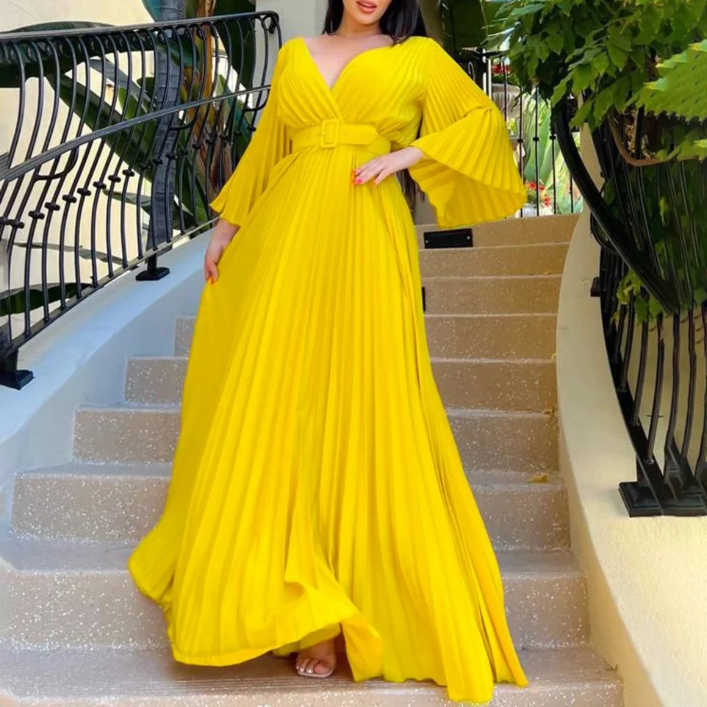 

Elegant Plus Size 3XL Women Spring Maxi Dress Draped Yellow Stright Lady Party Dress with Belt Wide Sleeve Female Dresses