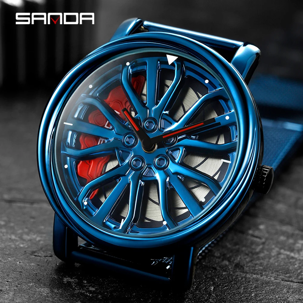 

Fashion Mesh Strap Hot Sell Men Quartz Watch 360 Rotating Car Wheel Dial Clock Stainless Waterproof Sport Wristwatch Relogio