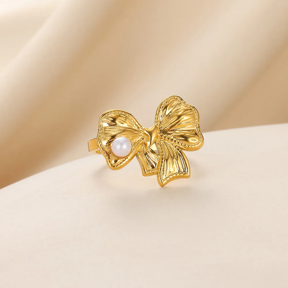 Фото Кольцо с бантиками, кольца Anillos с искусственным жемчугом для женщин, открывающиеся ювелирные изделия из нержавеющей стали, новинка 2025, изысканные подарки на помолвку №5