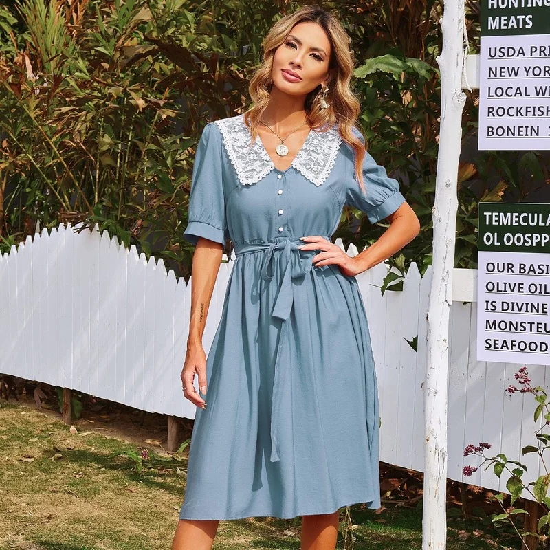 

New Lace Peter Pan Collar Dress Summer Women Vintage Puff Sleeve Pullover Style Dress with Bandage Elegant High Waist Red Dress