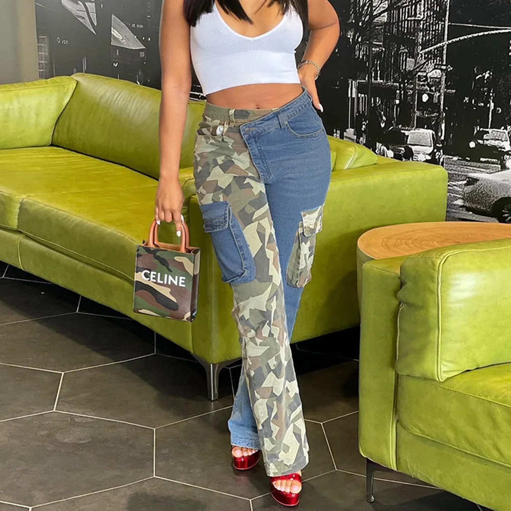 

Женские повседневные брюки со средней талией и карманами, Осенние камуфляжные прямые брюки из денима с прострочкой, женские брюки, уличная ...