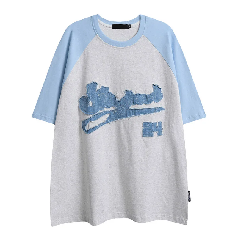 

2023 Fashion Hip Hop Letter Patches Short Sleeve T-shirt Harakuju Loose Vintage Top Tees For Male Hi Street