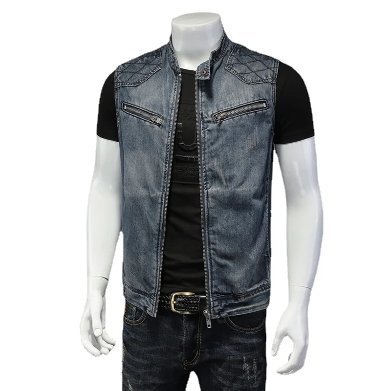 Мужской Байкерский джинсовый жилет с воротником-стойкой винтажный ковбойский на