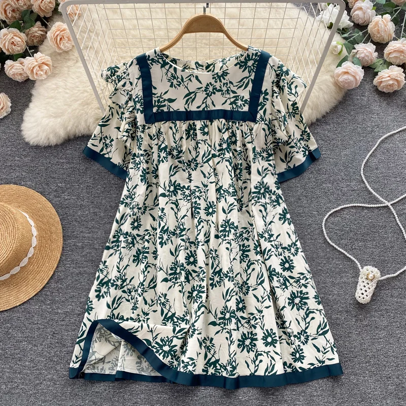 

High-end sense of light familiar style contrast color round neck dress summer women's loose and thin puff sleeve floral skirt