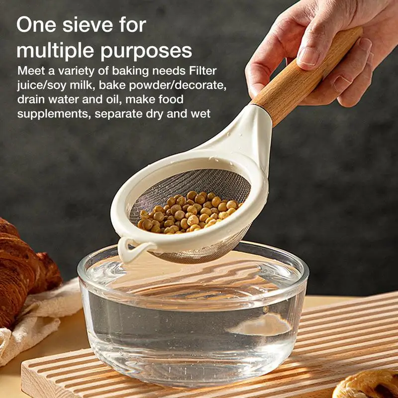 Stainless Steel Fine Mesh Strainers Flour Sieve Sifter StrainerFlour Sifter With Wooden Handle Food Strainer For Rice Coffee images - 6