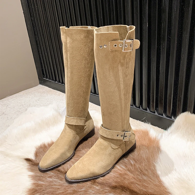 

Women Knee High Chelsea Boots 2023 Autumn Winter Designer Suede Mid Heels Platform Shoes Gladiator Boots Pumps Zapatos De Mujer