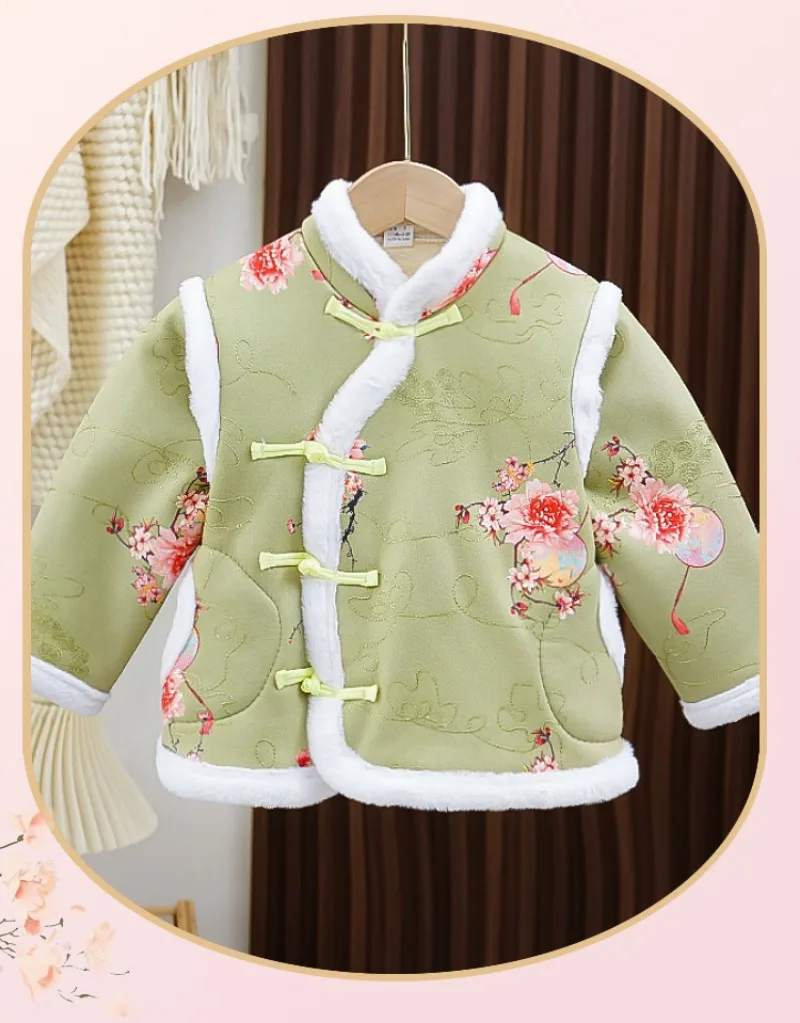 Children's Chinese-style Tang Suit Cashmere Cotton-padded Jacket Clothing Baby Girls Tray Button Warm Winter Vintage Coat