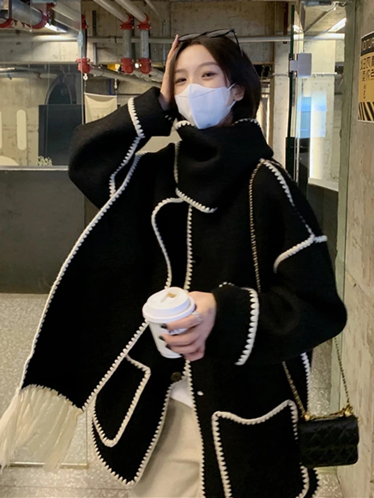 

Woolen Overcoat Autumn Knitted Tassels Cloak Style Mixed Color Single Breasted Midi Long Coat Streetwear casacos femininos