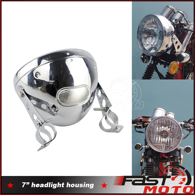 

Chrome 7 inch Motorcycles Headlight Housing Bucket Retro LED Head Light Shell W/ Bracket for Honda Yamaha Kawasaki Suzuki Custom