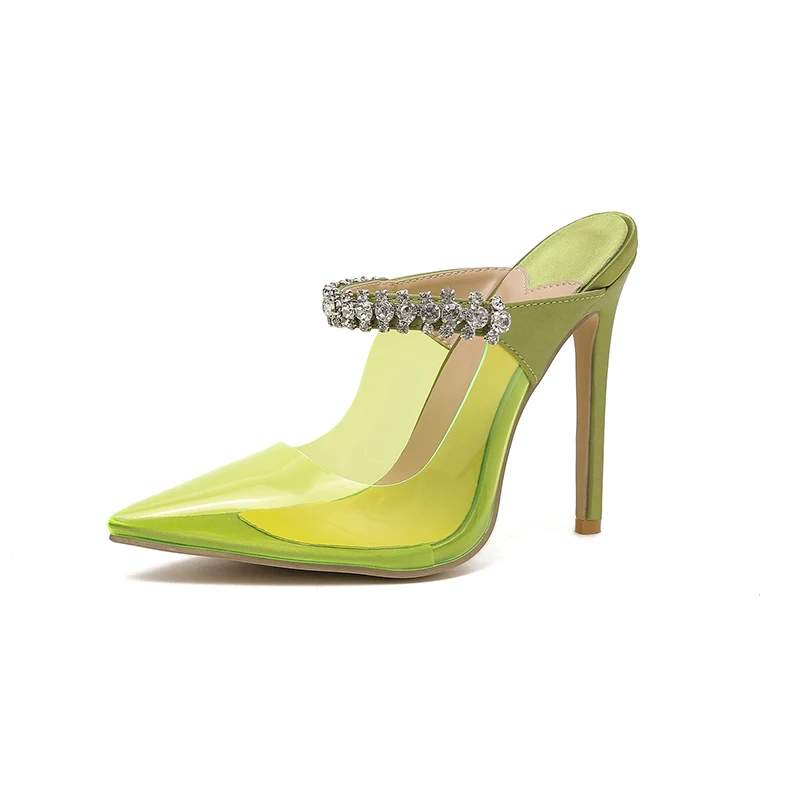 Pointed PVC Transparent Fluorescent Hollow Women's Slippers Rhinestone Stiletto High Heels Solid Color Sexy Party Shoes Slides