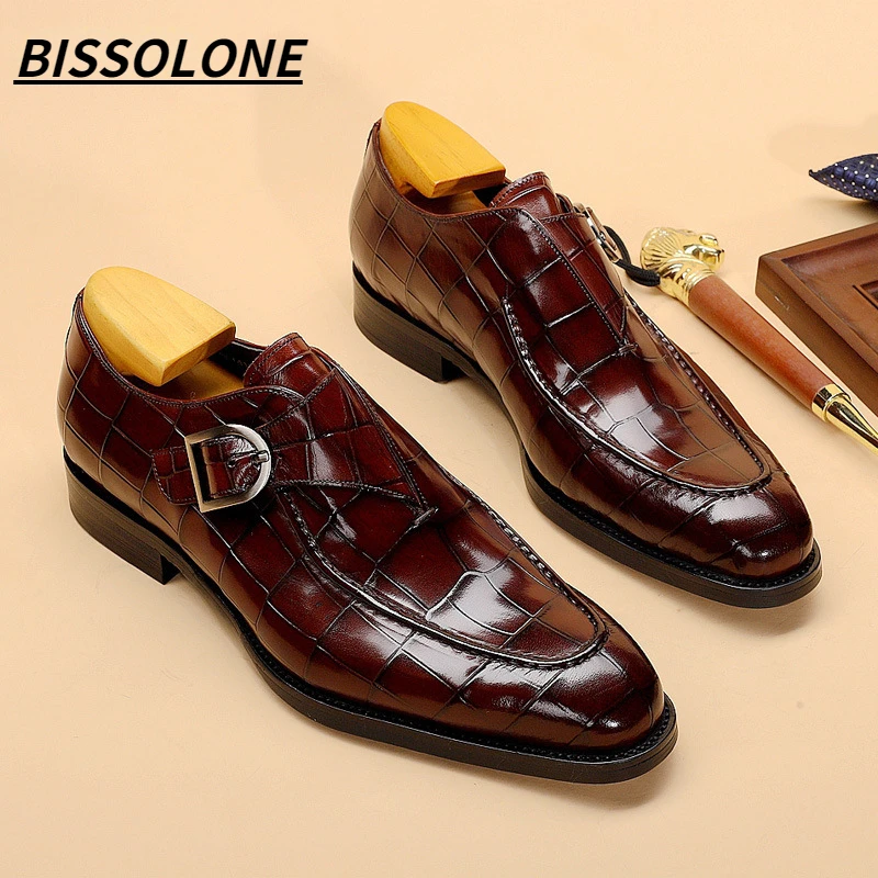 

BISSOLONE Men's Designer Business Leather Shoes British Style Business Formal Shoes for Men Large Shoes Square Toe Buckle Shoes