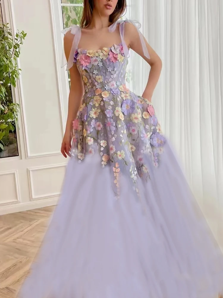 

JEHETH Princess Lace Applique Prom Dress 2023 For Women Boat Neck Spaghetti Strap Evening Dress Open Back A-Line Party Gown