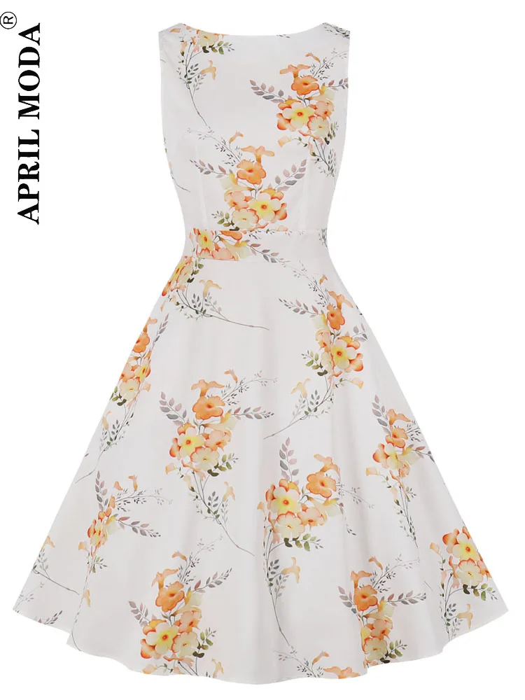 

Женское винтажное платье-майка без рукавов с высокой талией 50s, Элегантное повседневное платье рокабили с цветочным принтом и карманами, ле...