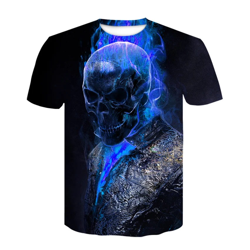

Mens Skull T shirts Fashion Summer Short Sleeve Ghost Rider Cool T-shirt 3D Blue flame Skull Print Tops Rock Fire Skull Tshirt