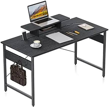 

Computer Desk 55 Inch Home Office Desk with Storage Table, Modern Writing Style PC Table with Mobile Phone Bracket and Hooks, Br